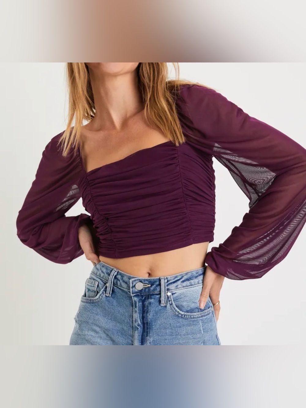 Lulus NWT Ruched Plans plum purple mesh top, small